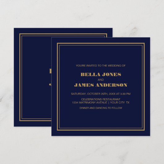 Modern Simple Navy Blue Gold Wedding Kaart (Voorkant / Achterkant)