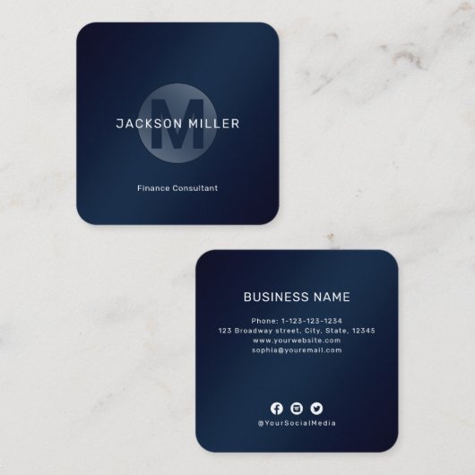 Modern Simple Navy Blue Monogram Professional Vierkante Visitekaartje (Voorkant / Achterkant)