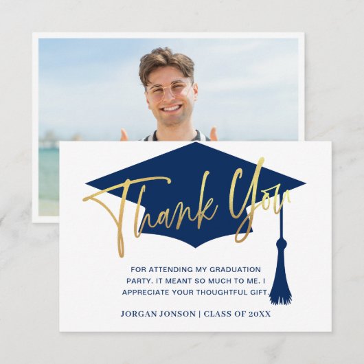 Modern Simple PHOTO Golden Navy Afstuderen Bedankkaart (Voorkant / Achterkant)