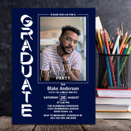 Modern Simple Photo Navy Blue Graduparty Kaart