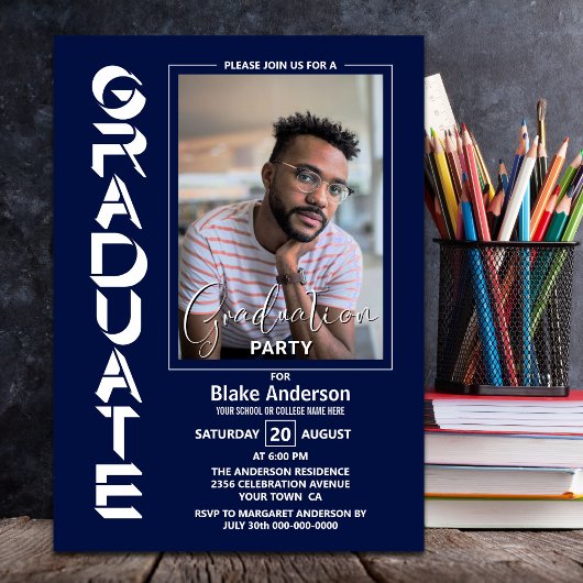Modern Simple Photo Navy Blue Graduparty Kaart