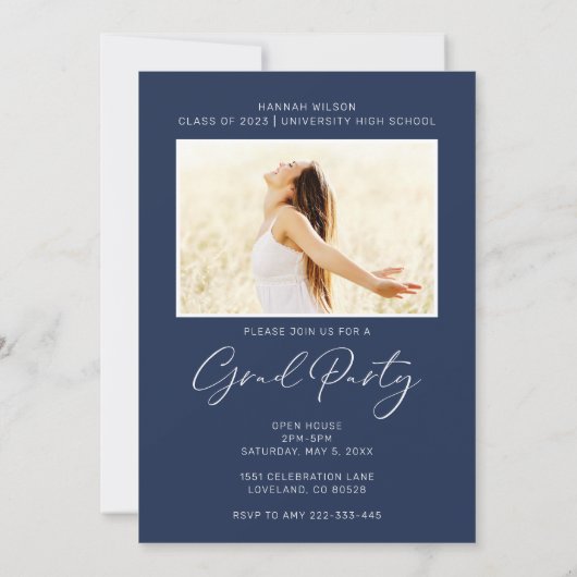 Modern Simple Photo Navy Blue Graduparty Kaart (Achterkant)