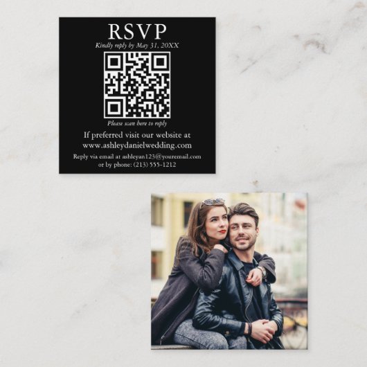 Modern Simple QR Photo Weduwing Black RSVP Informatiekaartje (Voorkant / Achterkant)
