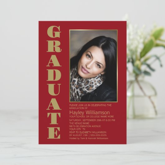 Modern Simple Red Gold Photo Graduparty Kaart (Staand voorkant)