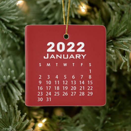 Modern Simple Red Januari 2022 Maandrooster Keramisch Ornament (Boom)