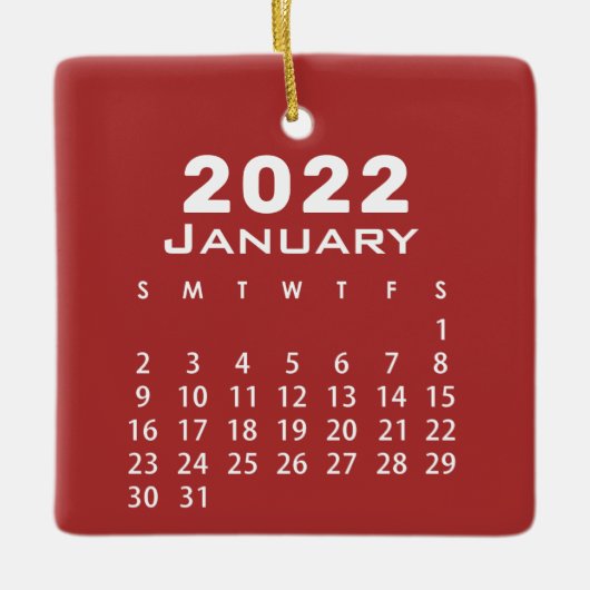 Modern Simple Red Januari 2022 Maandrooster Keramisch Ornament (Voorkant)