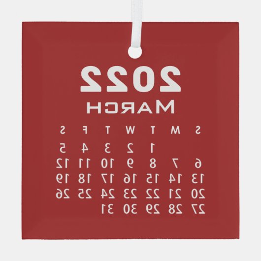 Modern Simple Red March 2022-maandkalender Glas Ornament (Achterkant)