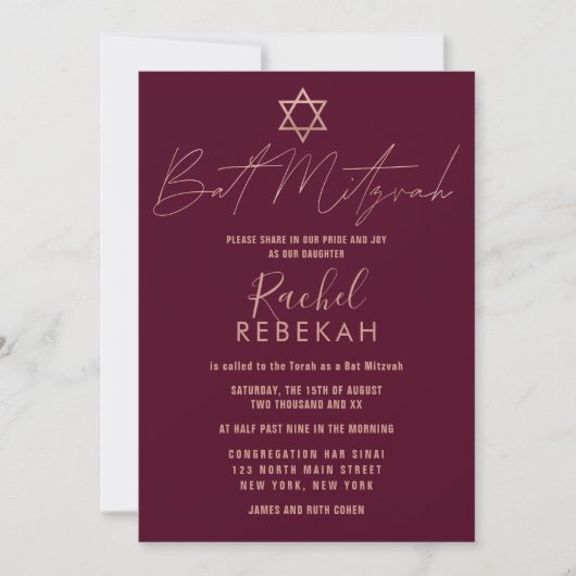 Modern Simple Roos Gold Burgundy Red Bat Mitzvah Kaart (Voorkant)