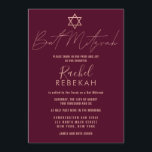 Modern Simple Roos Gold Burgundy Red Bat Mitzvah Kaart<br><div class="desc">Deze elegante, minimalistische en chique Bat Mitswa-uitnodiging is de perfecte keuze voor uw dochter op haar speciale dag. Het beschikt over een eenvoudig en modern faux roos gouden typografie ontwerp met de Davidster op een bordeauxrode achtergrond. Het is een mooi, eigentijds en stijlvol ontwerp om dit once in a lifetime...</div>