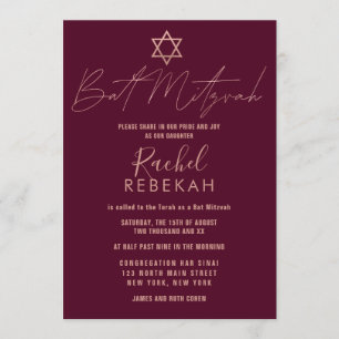 Modern Simple Roos Gold Burgundy Red Bat Mitzvah Kaart