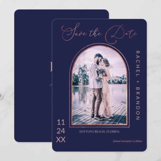 Modern Simple Roos Gold Navy Blue Arch Wedding Save The Date (Voorkant / Achterkant)