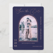 Modern Simple Roos Gold Navy Blue Arch Wedding Save The Date (Voorkant)