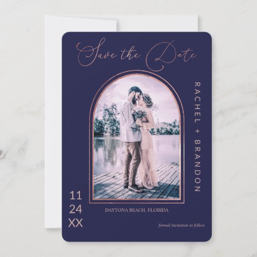 Modern Simple Roos Gold Navy Blue Arch Wedding Save The Date (Voorkant)