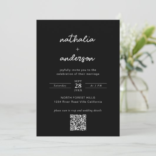 Modern Simple Script Black Photo QR Code Weddensch Kaart (Staand voorkant)