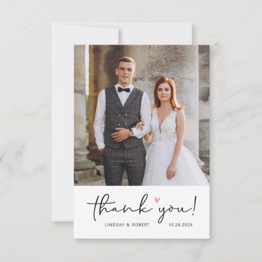 Modern Simple Script Love Heart Wedding Photo dan Bedankkaart (Voorkant)