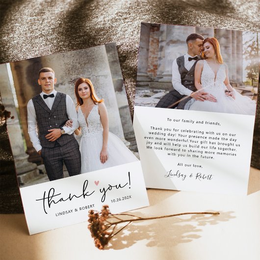 Modern Simple Script Love Heart Wedding Photo dan Bedankkaart