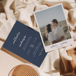 Modern Simple Script Navy Blue Photo Wedding Kaart