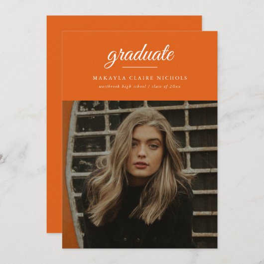 Modern Simple Script Oranje Photo Afstuderen Kaart (Voorkant / Achterkant)
