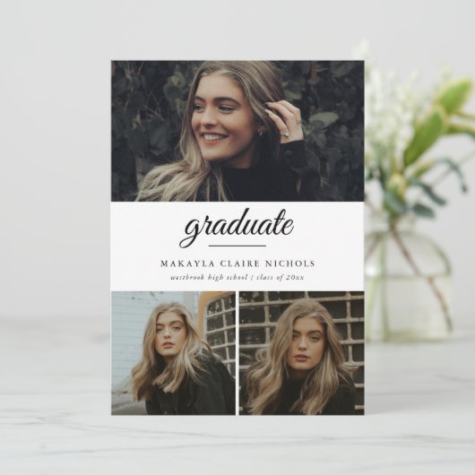 Modern Simple Script Three Photo Afstuderen Kaart (Staand voorkant)