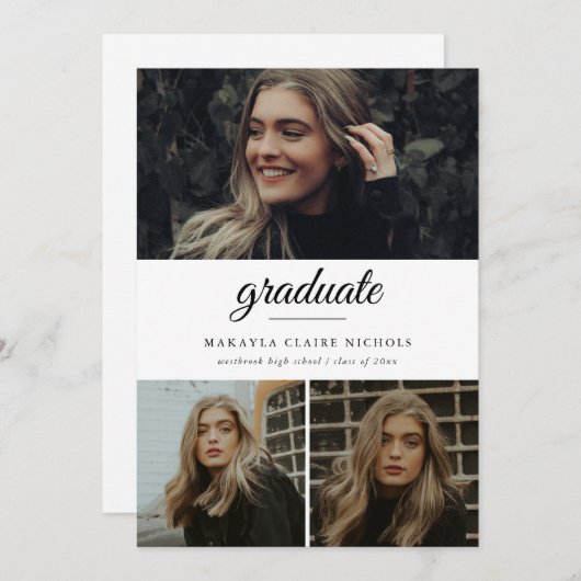 Modern Simple Script Three Photo Afstuderen Kaart (Voorkant / Achterkant)