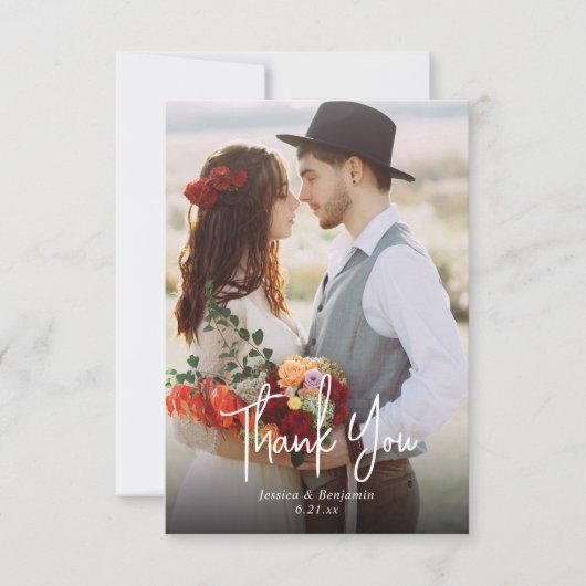 Modern Simple Script Two Photo Wedding Bedankkaart (Voorkant)