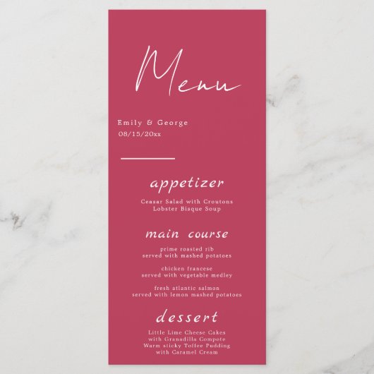 Modern Simple Script Viva Magenta Minimal Wedding Menu (Voorkant)