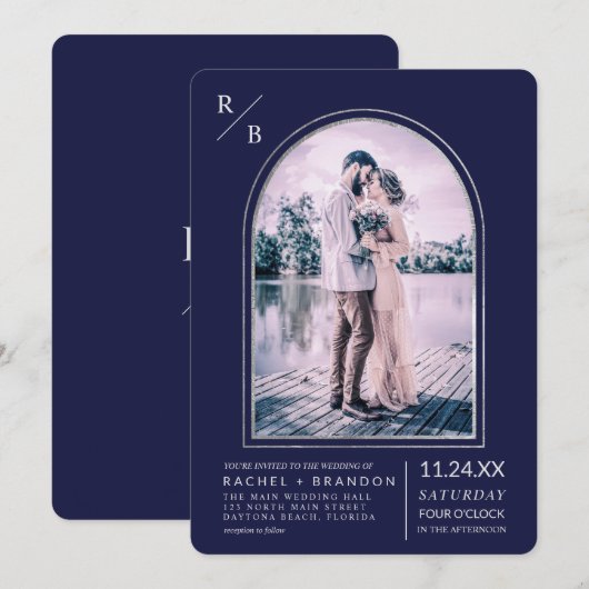 Modern Simple Silver Navy Blue Arch Wedding Kaart (Voorkant / Achterkant)