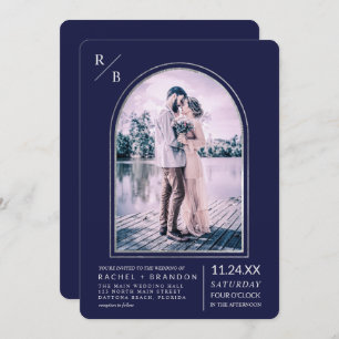 Modern Simple Silver Navy Blue Arch Wedding Kaart