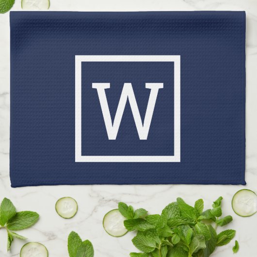 Modern Simple Square Border Monogram Navy Blue Theedoek (Gevouwen)