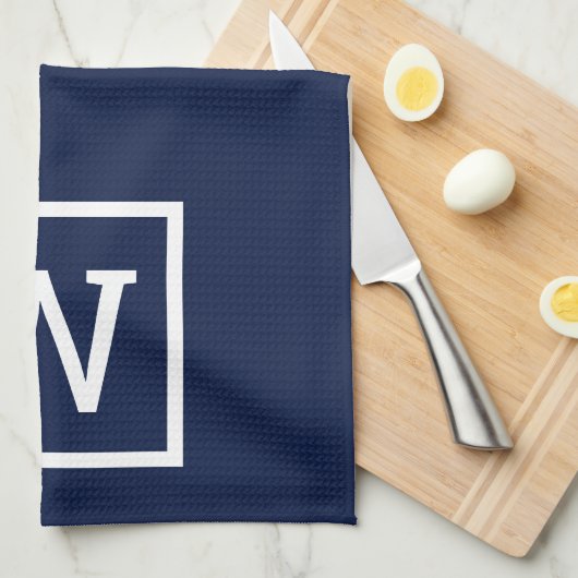 Modern Simple Square Border Monogram Navy Blue Theedoek (Quarter Fold)