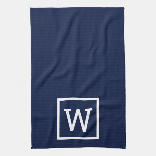 Modern Simple Square Border Monogram Navy Blue Theedoek (Verticaal)
