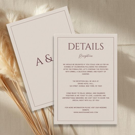 Modern simple tan minimalist wedding details informatiekaartje