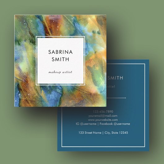 Modern Simple Teal Blue Brown Watercolor Abstract Vierkante Visitekaartje