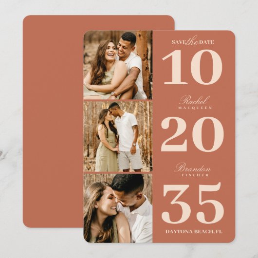 Modern Simple Terracotta Date Three Photo Wedding Save The Date (Voorkant / Achterkant)
