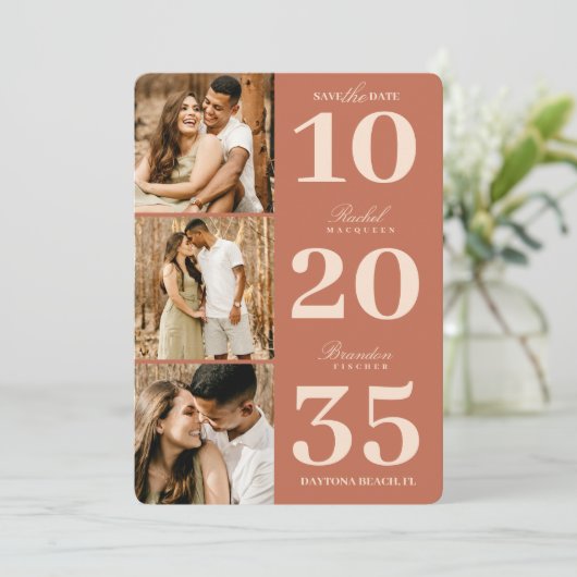 Modern Simple Terracotta Date Three Photo Wedding Save The Date (Staand voorkant)