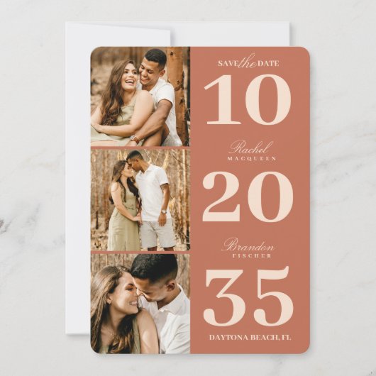 Modern Simple Terracotta Date Three Photo Wedding Save The Date (Voorkant)