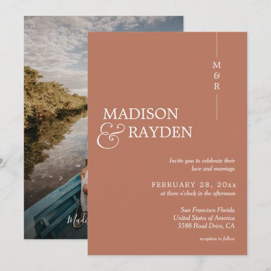 Modern Simple Terracotta Monogram Photo Weddenscha Kaart (Voorkant / Achterkant)