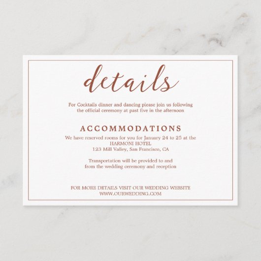 Modern Simple Terracotta Rust in White Wedding Informatiekaartje (Voorkant)