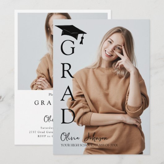 Modern Simple Two Photo Graduation Party Kaart (Voorkant / Achterkant)