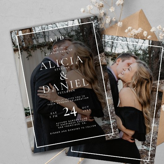 Modern simple typography 2 photo wedding kaart