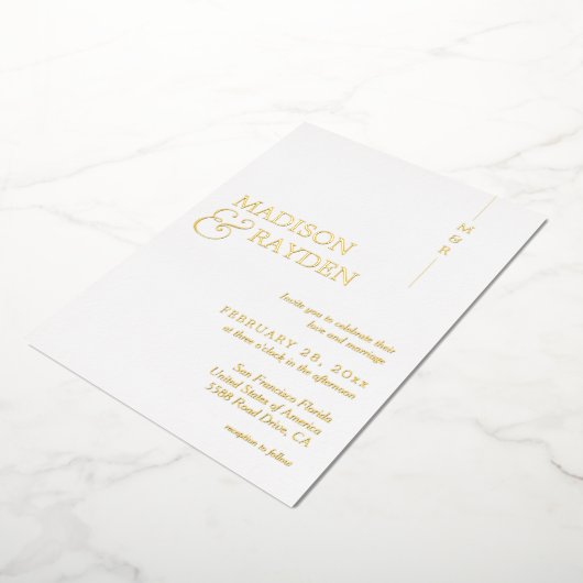 Modern Simple White Gold Monogram Photo Weddenscha Folie Uitnodiging (Gedraaid)