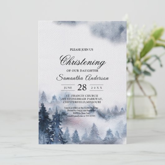 Modern Simple Winter Blue & White Forest Invitatio Kaart (Staand voorkant)