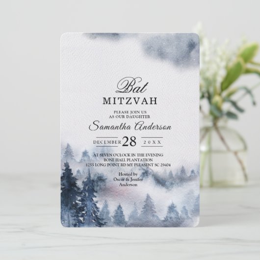 Modern Simple Winter Blue & White Forest Invitatio Kaart (Staand voorkant)