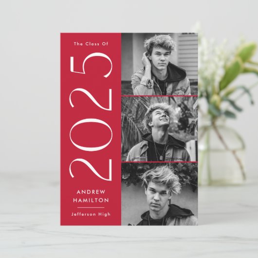 Modern Simplicity Red 3 Foto 2025 Afstuderen Aankondiging (Staand voorkant)