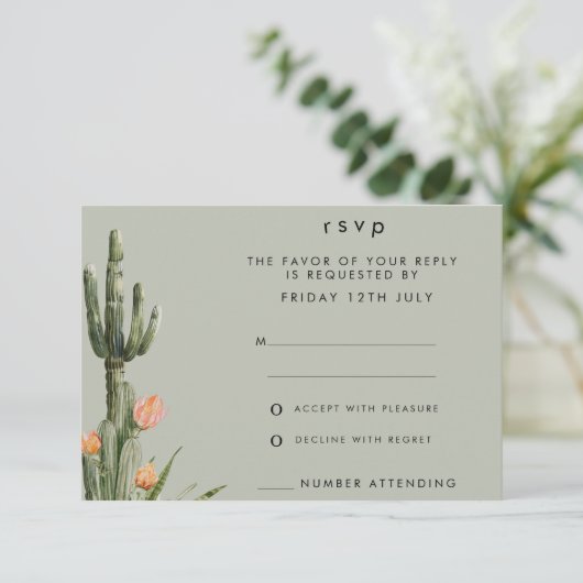Modern Sinaasappel Bloemen Cactus Bruiloft RSVP Ka Kaart (Staand voorkant)