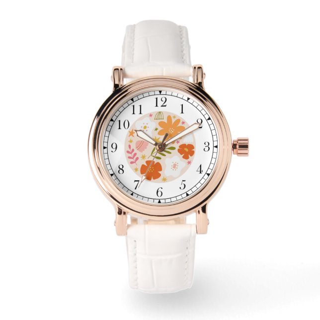 Modern Sinaasappel Bloemen Trendy Stijlvolle Chiqu Horloge (Voorkant)