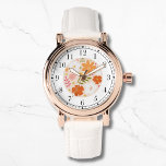 Modern Sinaasappel Bloemen Trendy Stijlvolle Chiqu Horloge<br><div class="desc">Modern Sinaasappel Floral Trendy Stijlvolle Chic Womans Watches beschikt over een trendy modern sinaasappel,  roze,  wit en groen waterverf bloemen. Creëer door Evco Studio www.zazzle.com/store/evcostudio</div>