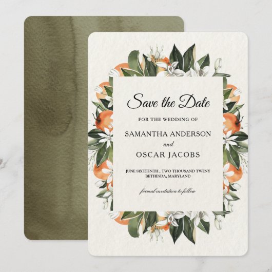 Modern Sinaasappel Bloemmotief | Rustiek Save The Date (Voorkant / Achterkant)