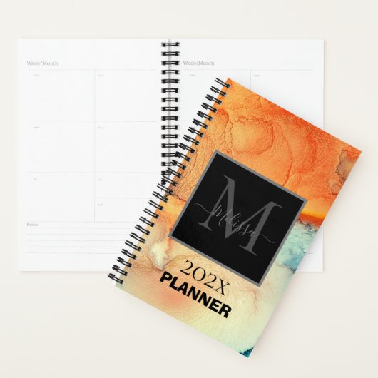 Modern Sinaasappel en Blauw Marmered Monogram Planner (Display)