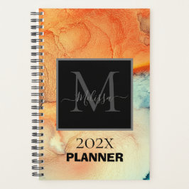 Modern Sinaasappel en Blauw Marmered Monogram Planner